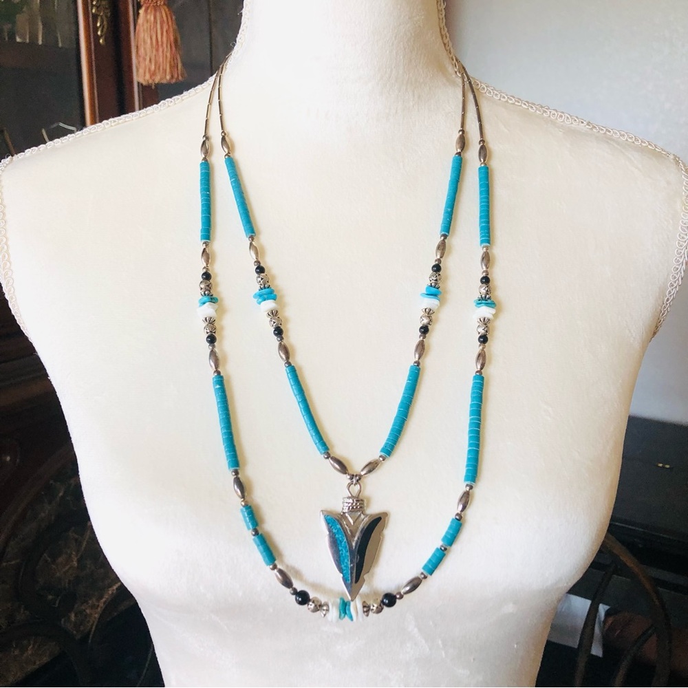 Handcrafted southwest arrowhead double strand mixed material necklace
